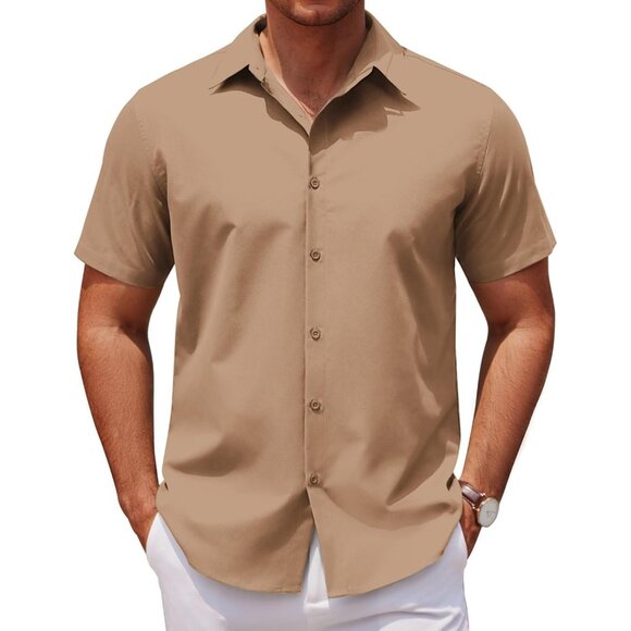 Khaki Men Casual Short Sleeve Button Down Untucked Wrinkle Free Dress Shirt - Picture 1 of 5